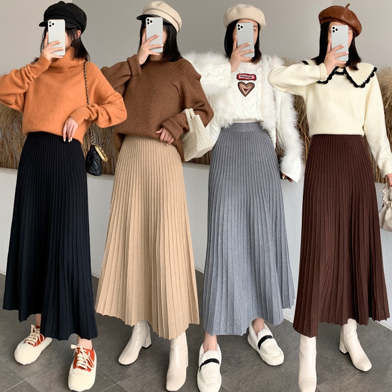 พร้อมส่ง กระโปรงพลีส ทรงยาว กระโปรงยาว (Freesize) 4สี ผ้าไหมพรม