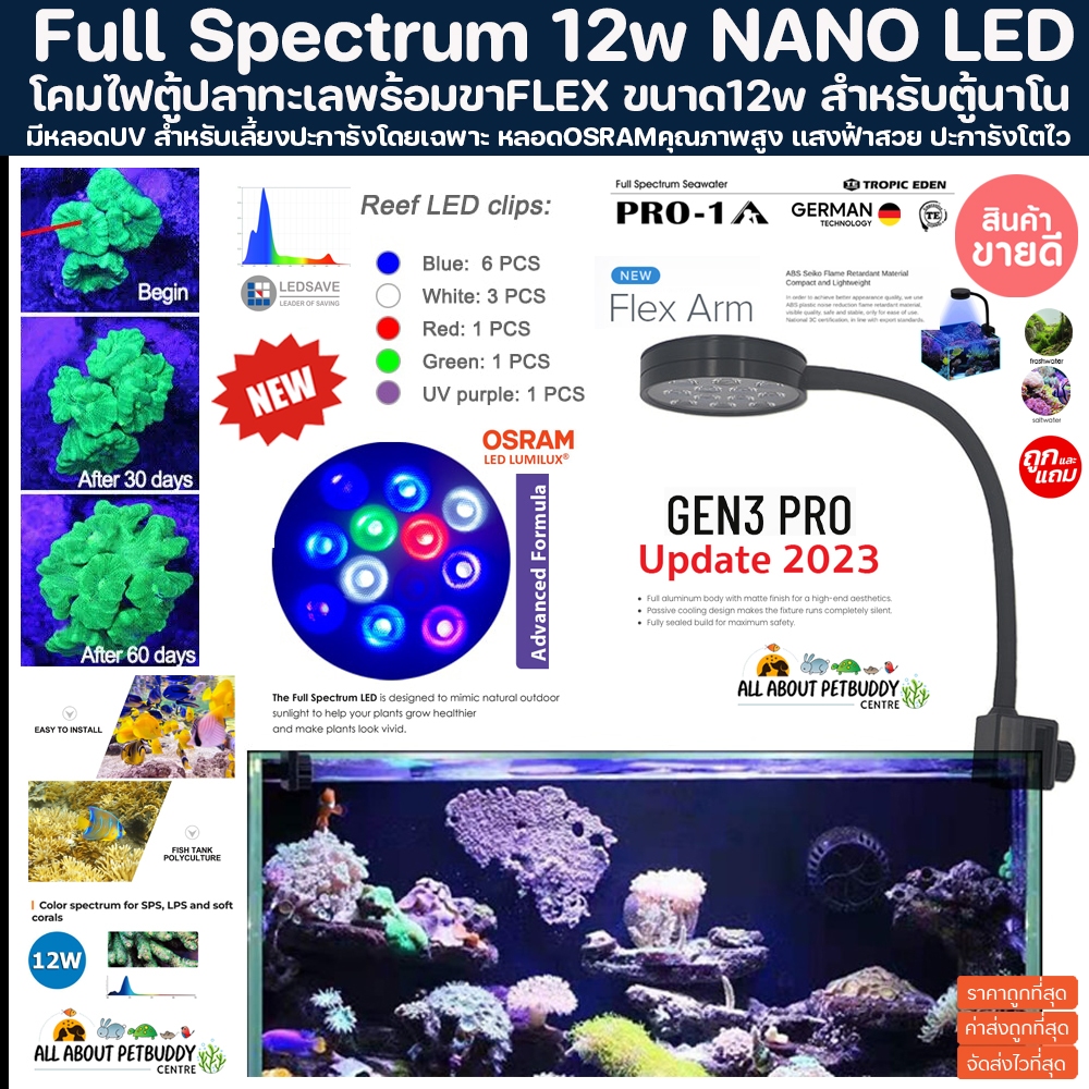 ไฟเลี้ยงปะการัง 12w Full Spectrum สำหรับตู้ขนาดเล็ก ใช้เลี้ยงรอดและโต ได้ค่าแสงครบถ้วน ทุกย่านแสง อุปกรณ์ครบชุดแถมขา LED