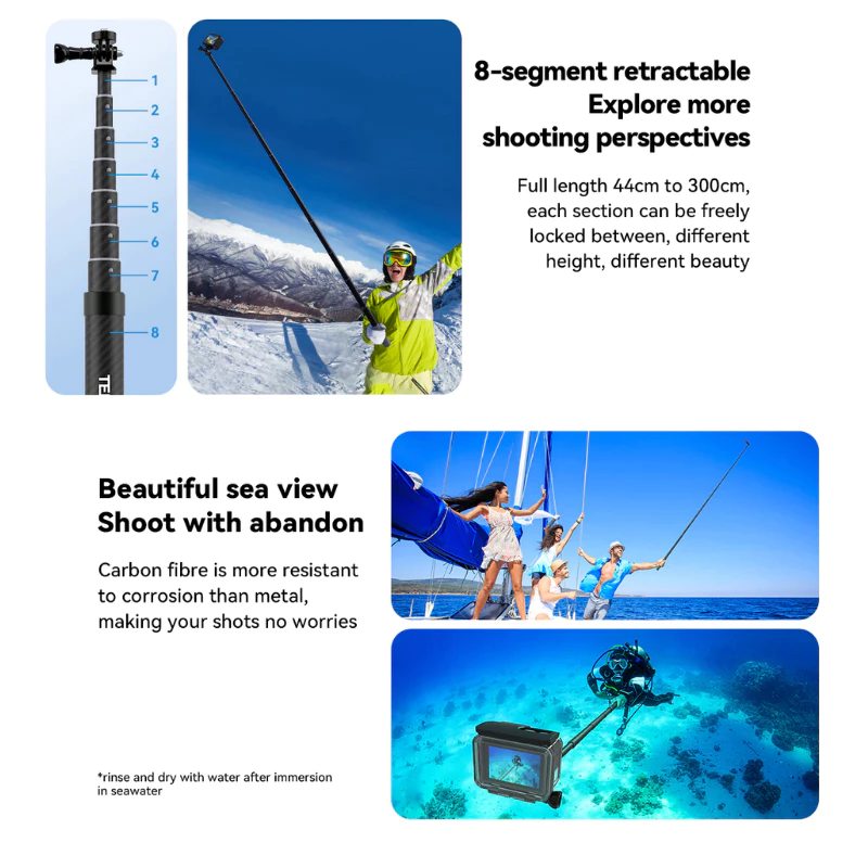 Telesin New Design 3m Carbon Fiber Selfie Stick for GOPRO,DJI Osmo360/DJI Action 6/5Pro/4/3,Insta360 thumbnail 7