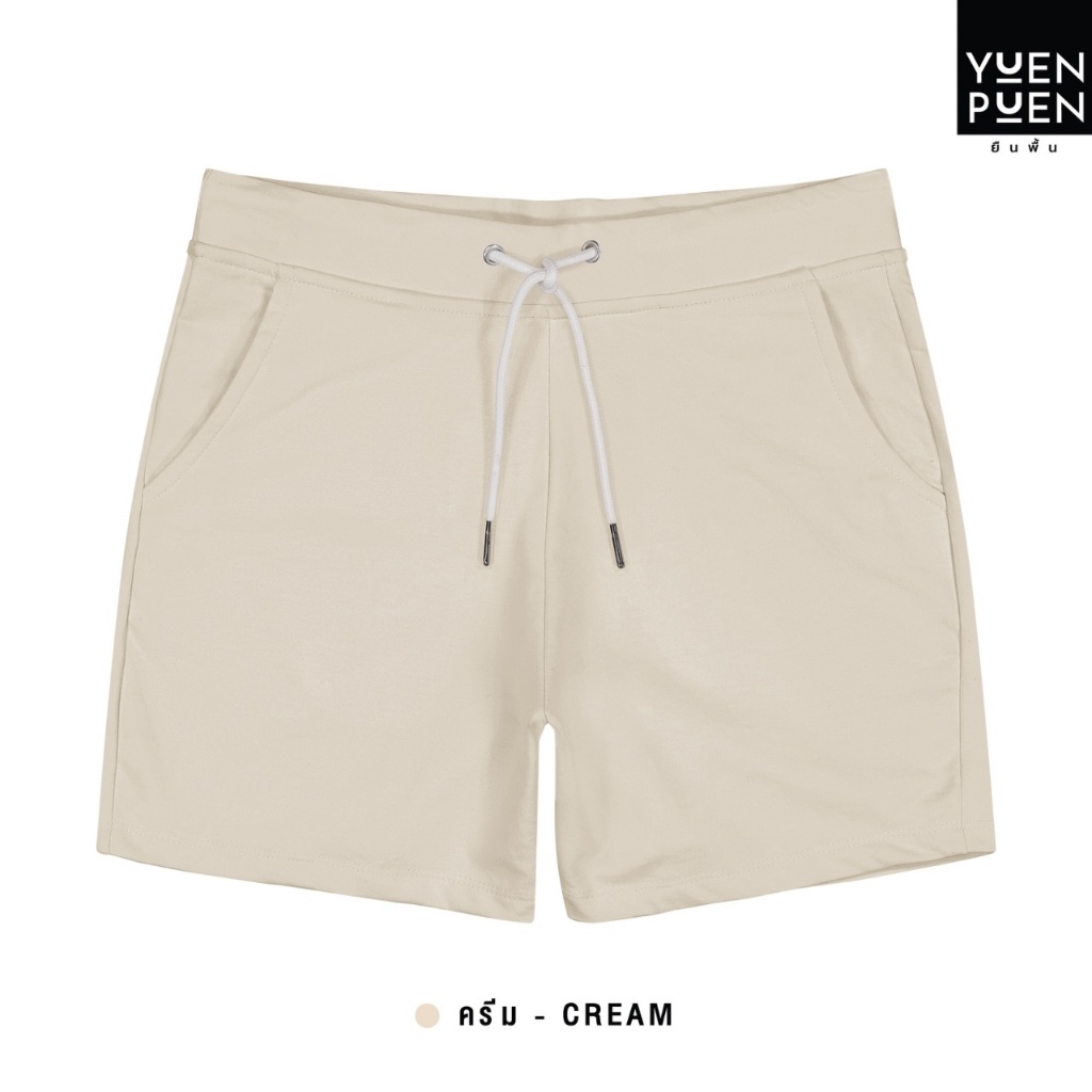YuenPuen ยืนพื้น กางเกงขาสั้น สีครีม รุ่น French Terry เนื้อผ้าเกล็ดปลา ยืดหยุ่น นุ่มอยู่ทรง