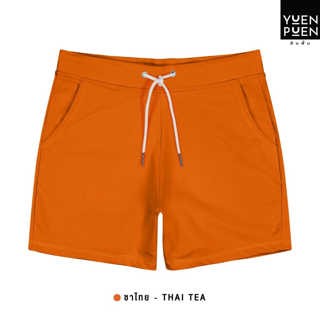 YuenPuen ยืนพื้น กางเกงขาสั้น สีชาไทย รุ่น French Terry ผ้าเกล็ดปลา ยืดหยุ่น นุ่มอยู่ทรง