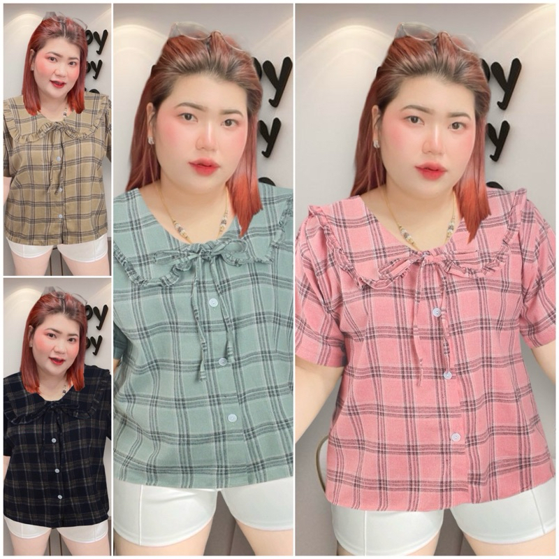 เสื้อสาวอวบคอบัว (ลายสก็อต ผ้าบัสขน) อก38-48 (หน้าผ้า50) ความยาว 25 กระดุมแกะใช้งานได้จริง น่ารักๆๆ