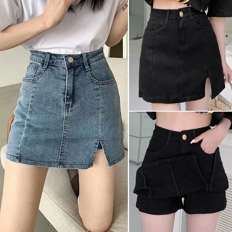 XS-14XL กระโปรงยีนส์ ผ่าข้าง เอวสูง แต่งเย็บติดกางเกงซับด้านใน ทรงสวย เข้ารูป สไตล์เกาหลี