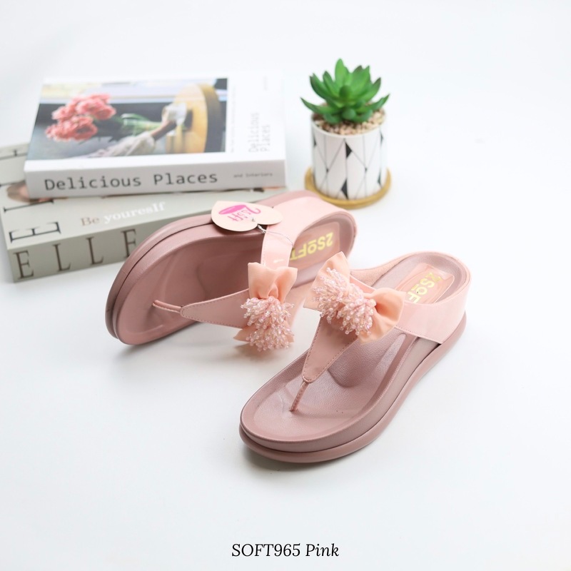 Softchu รุ่น SOFT965 👠  รองเท้าสุขภาพพื้นนิ่มสายหูคีบหน้าโบว์ไตล์ไฮโซสุดหรู ความสูง2.3 นิ้ว