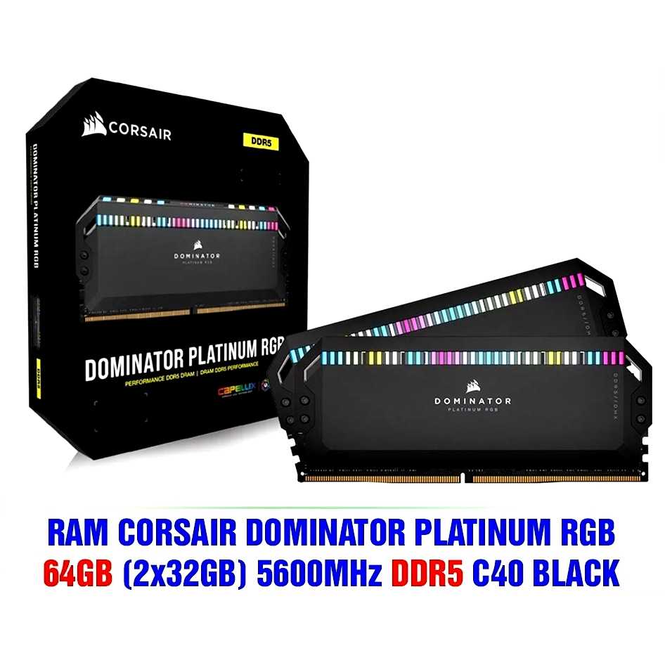 64GB (32GBx2) DDR5 5600MHz RAM (แรมพีซี) CORSAIR DOMINATOR PLATINUM RGB DDR5 (BLACK) (CMT64GX5M2X5600C40)