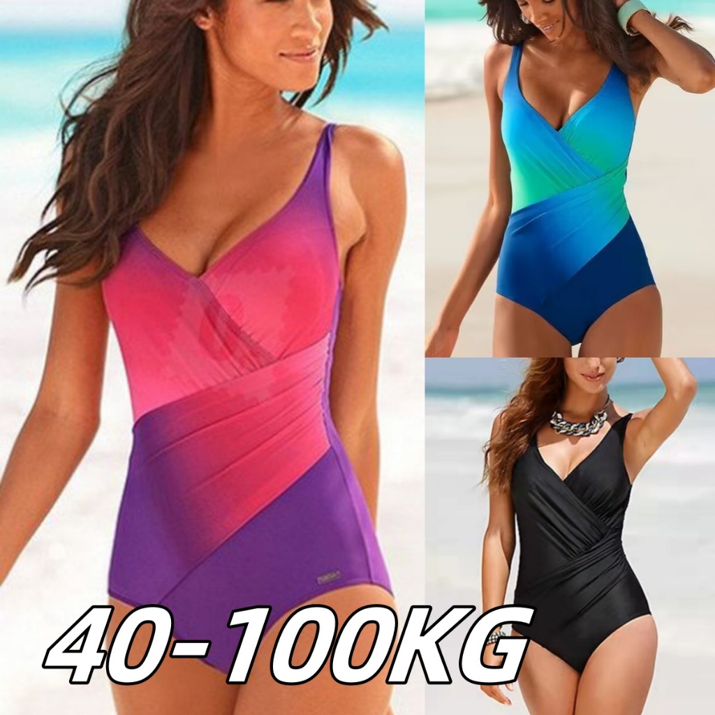 🌸40-100โล🌸ชุดว่ายน้ําสาวอวบ ชุดสาวอวบ แบบเรียบง่าย เสื้อลายใหม่ล่าสุด⚡จัดส่งรวดเร็ว⚡ใหญ่สุด5XL(พร้อมแผ่นรองหน้าอก)