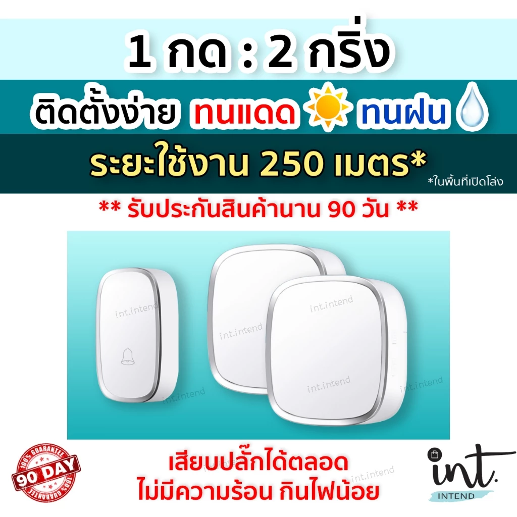 [มีคลิปการใช้งาน] กริ่งไร้สาย กริ่งบ้าน ออดบ้าน ออดบ้านไร้สาย Wireless Doorbell, 1 รีโมท 2 ตัวรับ by int.intend