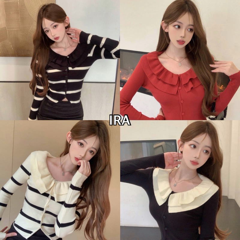BY IRA เสื้อเชิ้ตแขนยาว เปิดไหล่ผ้าถักเข้ารูปลายทาง แฟชั่นสไตล์เกาหลีใส่ได้ทุกฤดู🎊🎈