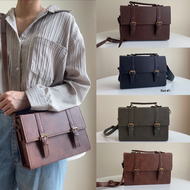 [มีโค้ดลด100บ]HEAPER PONY กระเป๋าหนังวินเทจ สะพายข้าง ทรงกล่อง Messenger bag