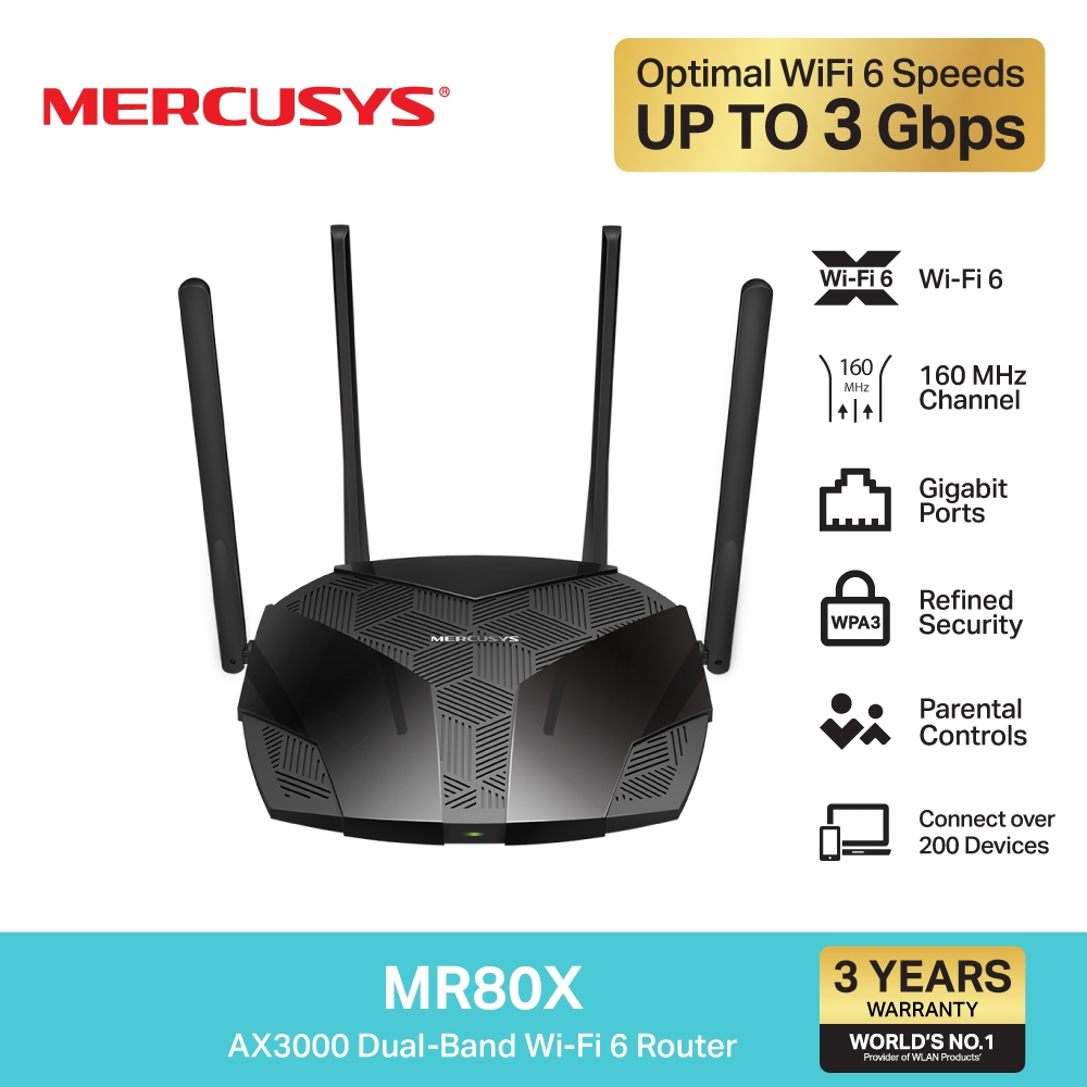 Mercusys MR80X เราเตอร์ WiFi 6 (ไม่รองรับการใส่ซิม) AX3000 Dual-Band WiFi 6 Router เพื่อการสตรีมมิ่ง และดาวน์โหลดที่เร็วขึ้นในเวลาเดียวกัน