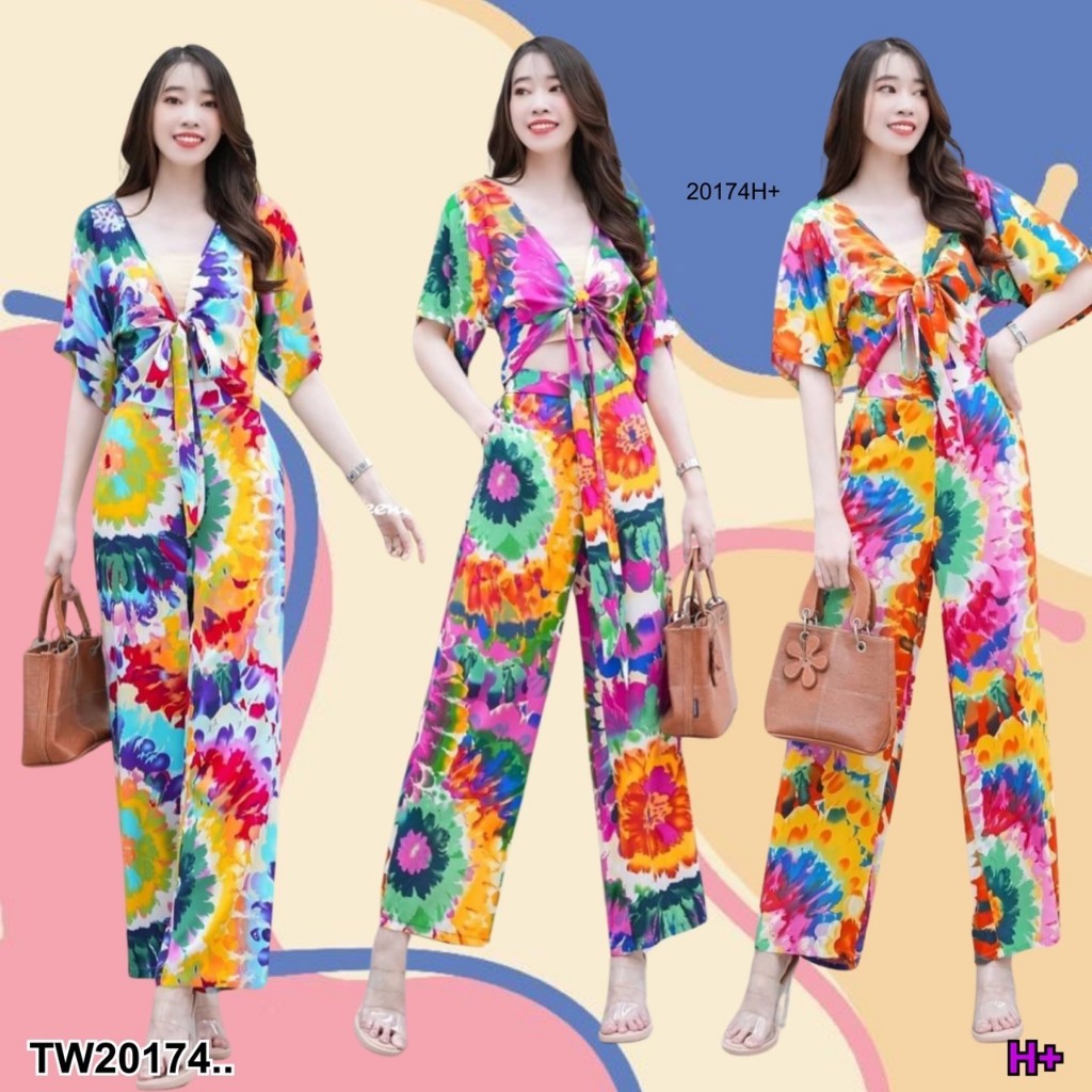 TwinsShopVip พร้อมส่ง TW20174 set 2 ชิ้น เสื้อแขนสั้นผูกโบว์ด้านหน้าลายมัดย้อม + กางเกงขายาว ..