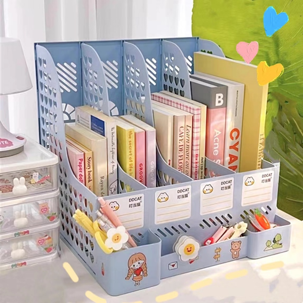 （ฟรีสติ๊กเกอร์）กล่องใส่ของ ใส่A4 ชั้นเก็บหนังสือนักเรียนน่ารัก ได้ ชั้นวางเอกสาร4ช่อง แฟ้มใส่เอกสาร