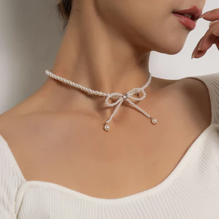 พร้อมส่ง🎀สร้อยไข่มุกตรงกลางโบว์ ดีไซน์เพชร น่ารักมาก