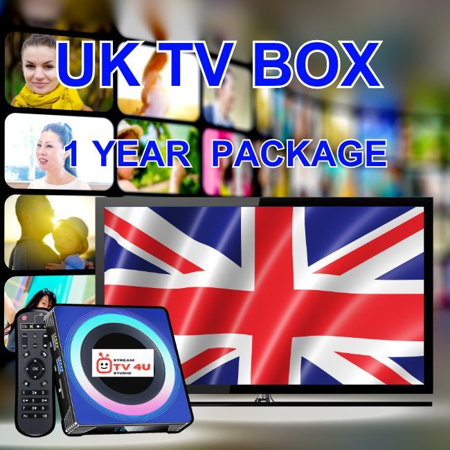 UK TV box + 1 Year IPTV package, TV online through our awesome TV box. And ready to use, clear picture 4K FHD.