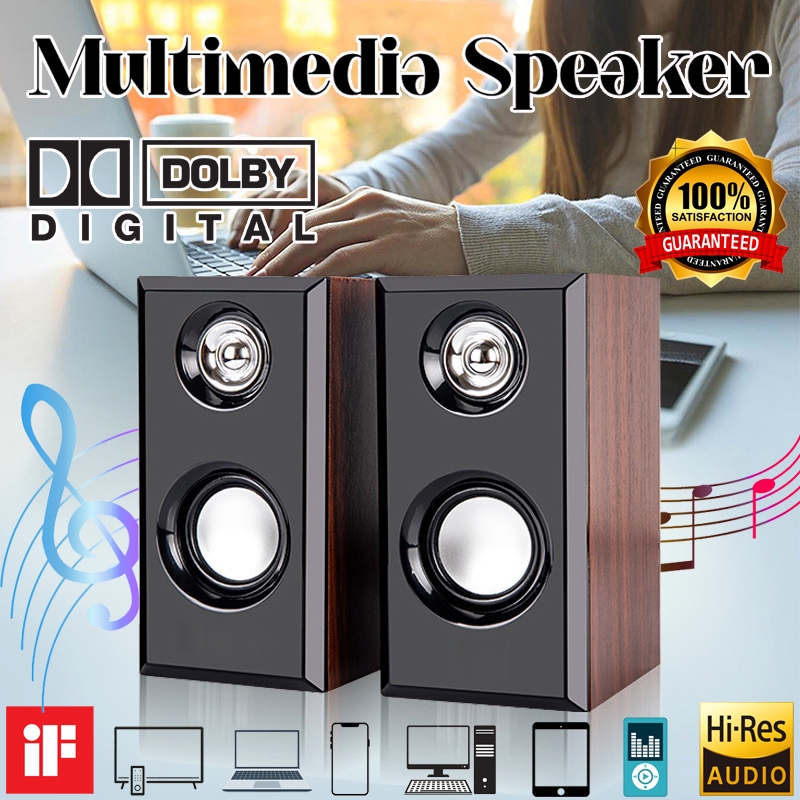Classic HiFi Speaker ลําโพงคอมพิวเตอร์มัลติมีเดีย เสียงเบสหนัก 3D เสียงสเตอริโอ ลําโพงไม้ 3.5mm USB Wooden Bass Soundbar