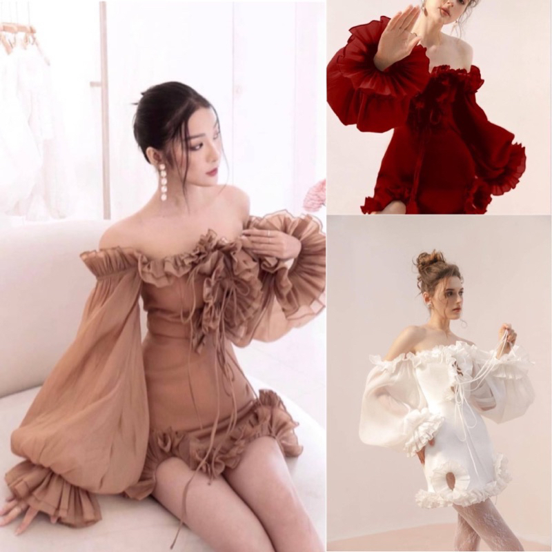 พร้อมส่ง เดรสเปิดไหล่งานแต่งระบายทั้งตัว