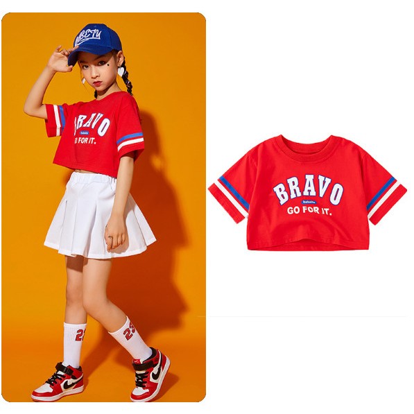 เสื้อเชียร์ลีดเดอร์ แนวฮิปฮอป แขนสั้น เอวครอป สีแดง ใส่เต้นคริสมาสต์ น่ารักๆ (ไม่รวมกระโปรง)