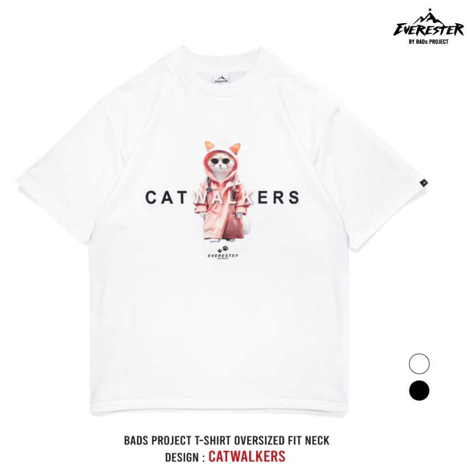 EVERESTER เสื้อคอฟิต อก 44"- 52" Heavy Cotton 100 % / เสื้อยืด Oversized รุ่น Cat Walkers / ชาย หญิง EXP