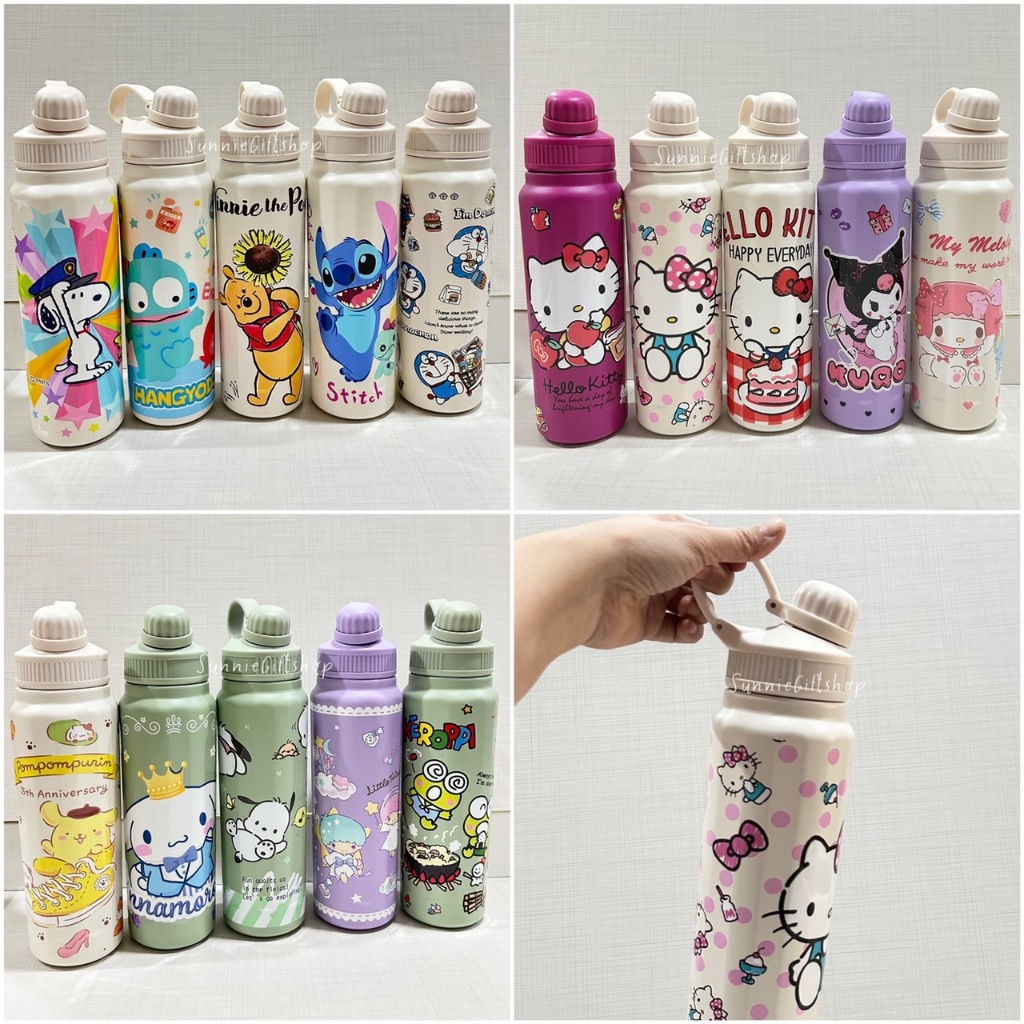 กระติกน้ำ สแตนเลส เก็บความเย็น หลอดเด้ง 840ml ลายการ์ตูน