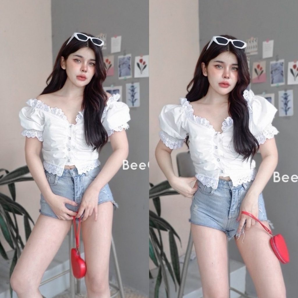 crop..shop ผ้าคอตต้อนไทย100% ผ้าสวยมากไม่บาง หลังดึงสม็อคเต็มหลังยืดเยอะ ด้านหน้าเป็นผ้าเบิ้ลสองชั้น ใส่สวยมากจ้า