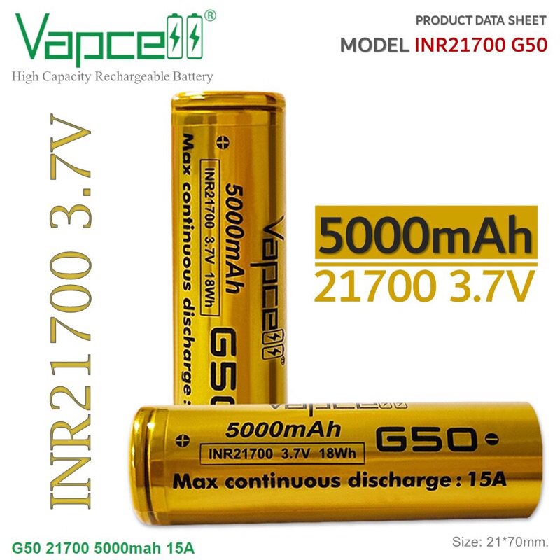 Battery Vapcell G50 21700 5000mah 3.7V 15A