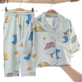 ชุดนอนเด็กแขนขา ยาว5ส่วน ชุดนอนคอปก คอตตอน กระดุมหน้า ไม่เติ…