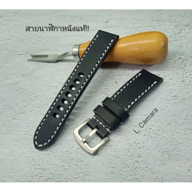 สายนาฬิกาหนังวัวฟอกฝาดอิตาลีสีดำ ด้ายแว็กซ์สีขาว ขนาด 18, 20, 22, 24, 26 mm. สายนาฬิกาหนังแท้