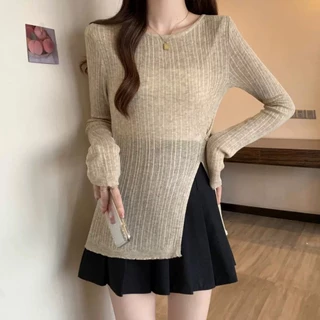 ส่งทันที Cici(NO. X030/18CX65)เสื้อเเขนยาวไหมพรม ผ้าร่อง ดีเทลเเหวกชายเสื้อ แฟชั่นกระดุมติดข้าง สไตล์เกาหลี
