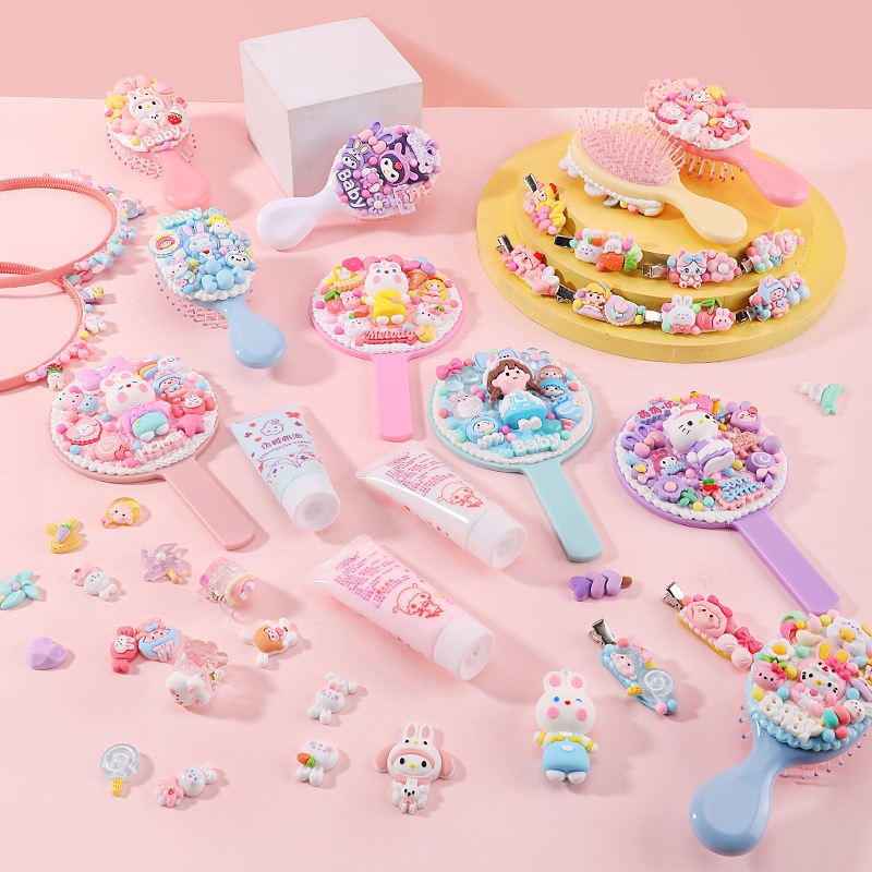 น่ารัก DIY หวีกระจกกิ๊บติดผม DIY กาวเรซินเครื่องประดับทำด้วยมือแพคเกจวัสดุหวีผมโฮมเมด