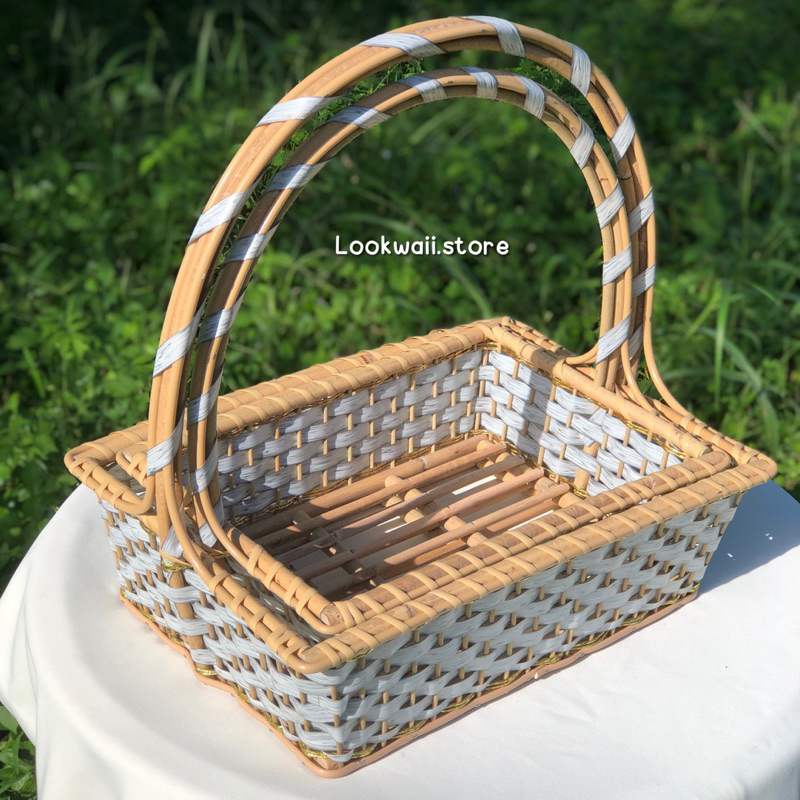 ตะกร้าของขวัญ กระเช้าหวายสี่เหลี่ยม กระเช้าจัดของฝาก โครงหวายแท้สานด้วยหวายเทียม - รูปที่ 7