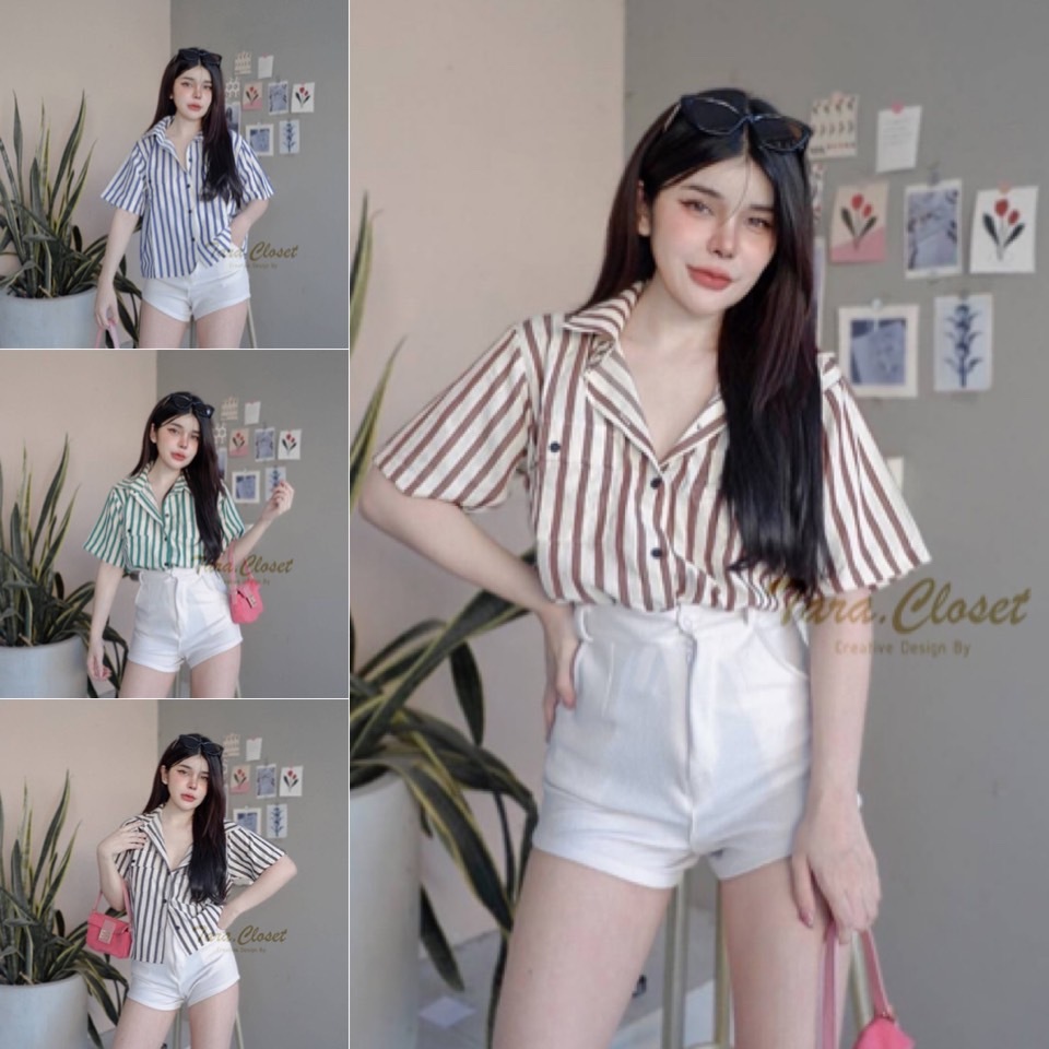 TUM085 TARA Crop Top เสื้อเชิ้ต ครอป แขนสั้น คอปก ลายทาง กระเป๋า2ข้าง กระดุมหน้า เนื้อผ้าสลาฟพิมพ์ลาย ผ้าระบายอากาศได้ดี