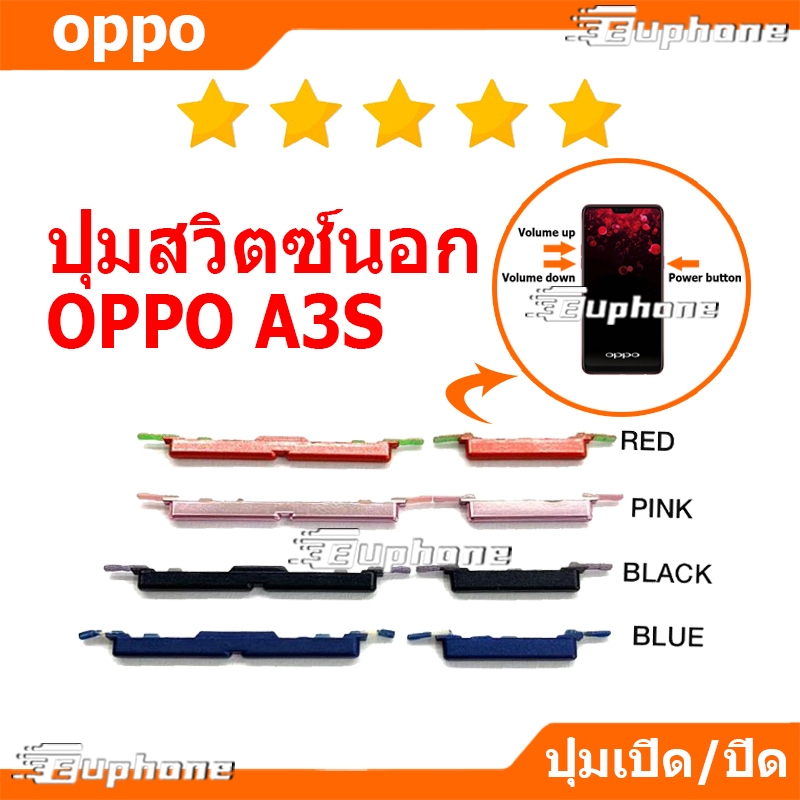 ปุ่มกดสวิทช์ด้านนอก OPPO A3S ปุ่มเปิดปิด ปรับระดับเสียงขึ้นลง ปุ่มลดเสียง ปุ่มเพิ่มเสียง ON OFF + VOLUME BUTTON