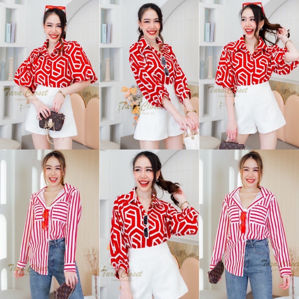 MIX004 TARA RED เสื้อสีแดง เสื้อเชิ้ต พิมพ์ลายกราฟฟิก สำหรับใส่ในเทศกาล คริสต์มาส ปีใหม่ ตรุษจีน เสริมศิริมงคล