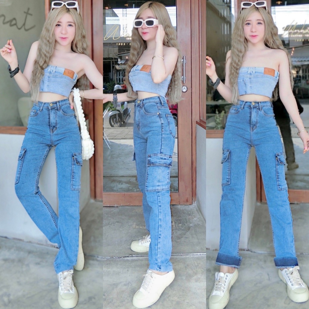 Cc jeans 039 S-5XL กางเกงยีนส์ทรงขากระบอก คาร์โก้ ยืด สียีนส์ฟอก