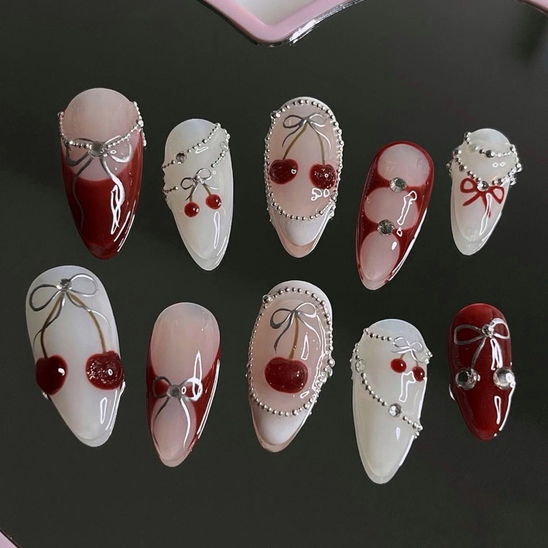 🍒 Red cherry nail gel เล็บเจลสำเร็จรูป ฟรีอุปกรณ์ติด