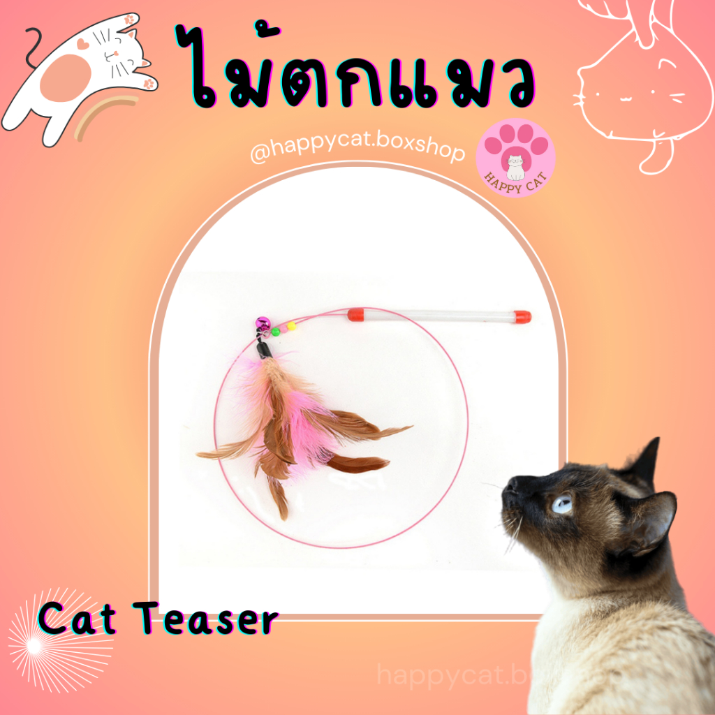 Happycat ไม้ตกแมว ไม้ล่อแมว Cat teaser  แบบลวดสลิง คุณภาพดี ตัวห้อยขนนก มีกระดิ่ง