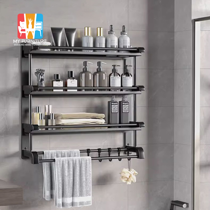 ชั้นวางห้องน้ำ ชั้นวางของในห้องน้ำ ไม่เจาะผนัง ไม่เป็นสนิม พร้อมราวตากผ้าและตะขอ ราวตากผ้าในห้องน้ำ