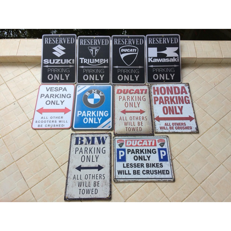 ป้าย PARKING ป้ายไม้ BMW Honda Triumph Jeep Ducati Suzuki Kawasaki Benz