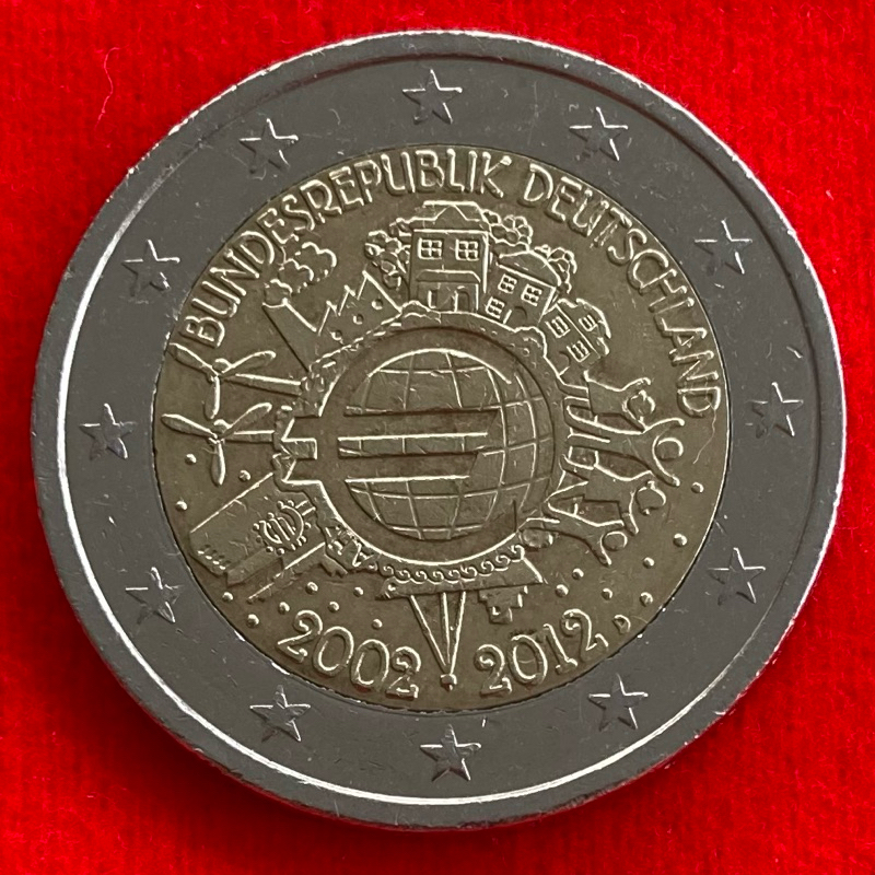 🇩🇪 เหรียญยูโร เยอรมัน Germany 2 euro ปี 2012 2€ เหรียญที่ระลึก 10 Years of Euro Cash