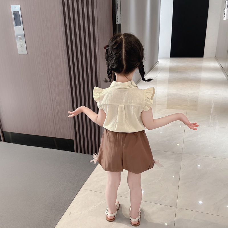 Babyonline(Y098)E2 (ส่งด่วน1วัน)ชุดเซ็ตเสื้อแขนสั้นคอปกแต่งโบว์พร้อมกางเกงขาสั้นทรงบอลลูนสุดน่ารัก ผ้าฝ้าย นิ่ม รูปที่ 4