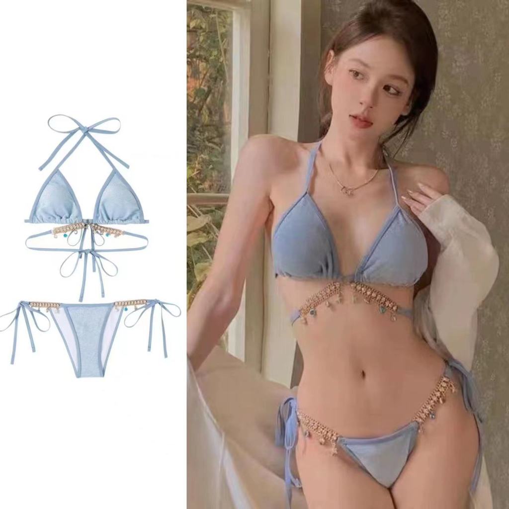 ชุดว่ายน้ำ bikini ชุดว่ายน้ำแฟชั่น sexy เอวต่ำ เปลือยหลัง พร้อมโซ่ ชุดสองชิ้น #0101