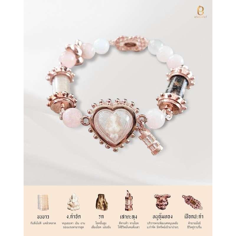 Elemulet สร้อยข้อมือรวมเครื่องราง6ชิ้น ขนขาว,รก,พระพิฆเนศงากำจัด,เชือกปะกำ,หนูอุ้มทอง,จี้เสาตะลุง ร้อยต่อกันในเส้นเดียว