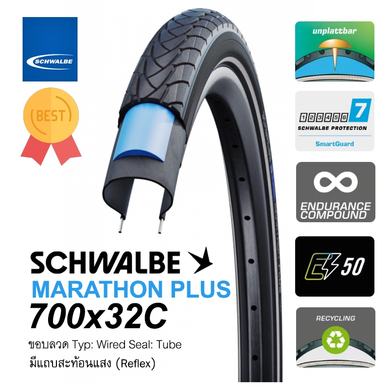 ยางนอกจักรยานทัวร์ริ่ง Schwalbe Marathon Plus 700x32c รุ่นท้อป ยอดนิยม ป้องกันและความทนทานโคตรๆระดับ 7 สูงสุด