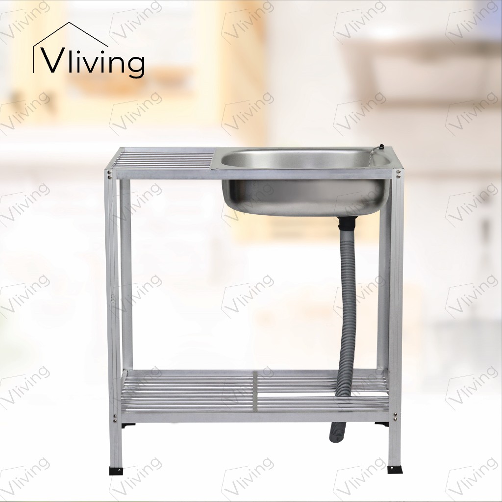 Vliving ซิ้งค์ล้างจาน อ่างล้างจานอลูมิเนียม 3 ชั้น กลาง มีแผงบน#90