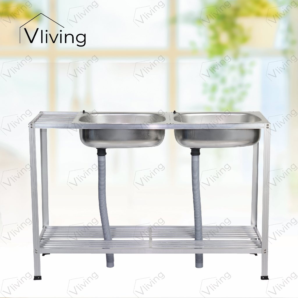 Vliving ซิ้งค์ล้างจาน อ่างล้างจานอลูมิเนียม 2หลุม2ชั้น มีข้าง
