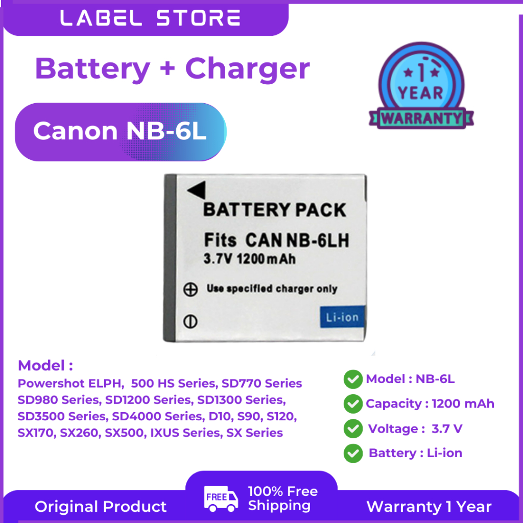 แบตกล้อง Canon NB-6L/NB-6LH สำหรับกล้อง Canon Power-shot Cameras SX520 HS SX530 SX600 SX610 SX700 SX