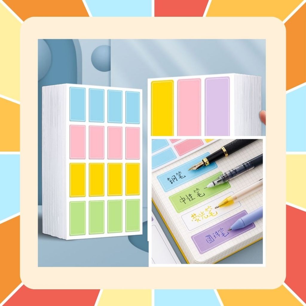 สติกเกอร์ฉลาก มีกาวในตัว มีหลายสีใน 1 แผ่น สามารถเขียนบนสติกเกอร์ได้ด้วยปากกา สติกเกอร์กันน้ำ ลอกออกง่านไม่ทิ้งคาบ