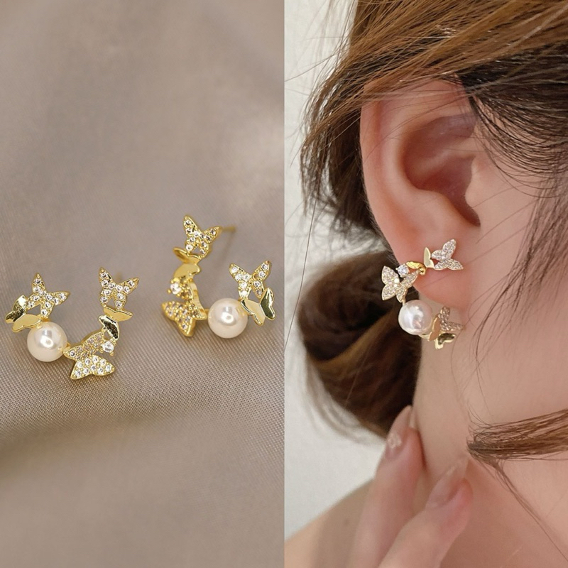 พร้อมส่งจากไทย E-08ต่างหูผีเสื้อประดับมุกแบบติดหู ต่างหูแฟชั่นสไตล์เกาหลี แฟชั่นผู้หญิง