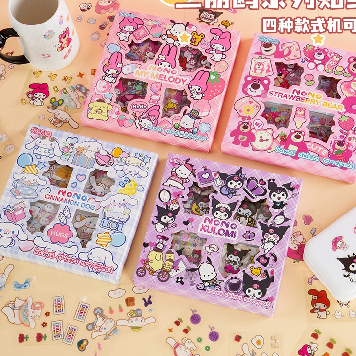 sanrio สติกเกอร์ ลายการ์ตูนซานริโอ้น่ารัก สีโปร่งใส สําหรับติดตกแต่งกล่องของขวัญ เครื่องเขียน DIY จํานวน 100 แผ่น