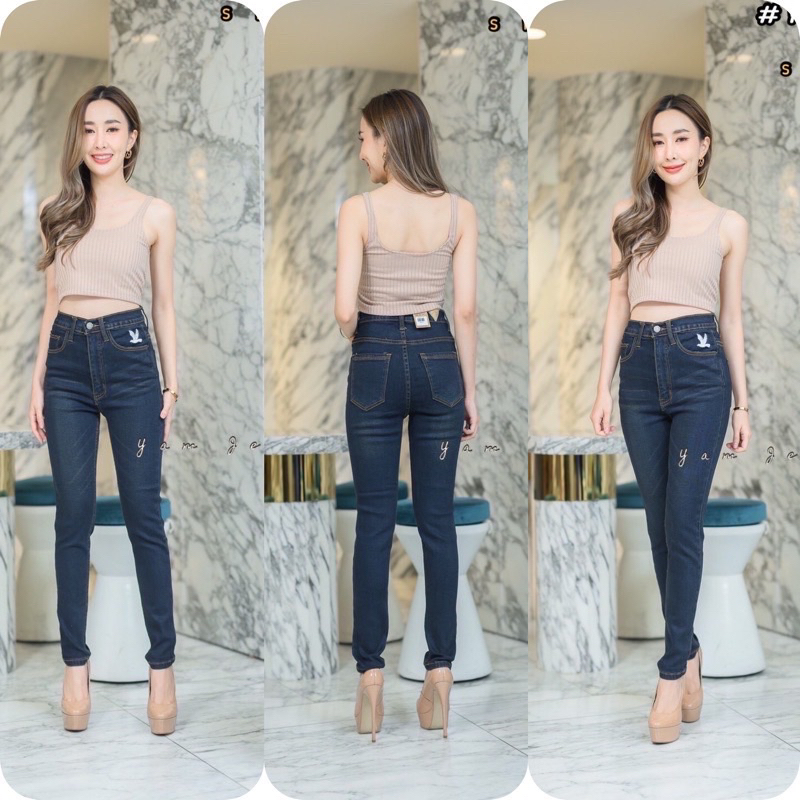 YAM jeansกางเกงยีนส์เอวสูง ผ้าซาร่า ผ้ายืดรุ่นเรียบ ดีเทลปักนก สียีนส์ฟอก เย็บตะเข็บริมแดง ด้ายดำ ปลายขาเย็บเก็บ